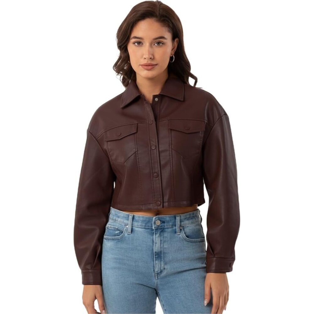 Women Faux Leather Cropped Jacket Trendy Moto Biker Short Jacket PU Jacket Camel